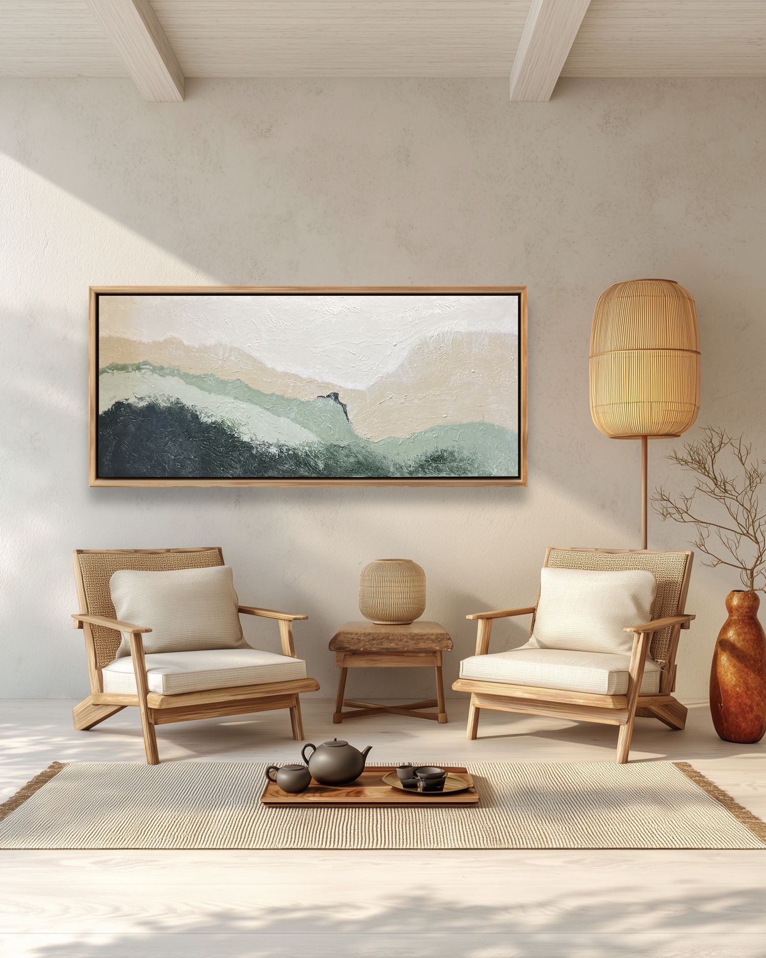 A framed abstract painting in sage, sand and deep teal hanging in a sunlit room with cane chairs